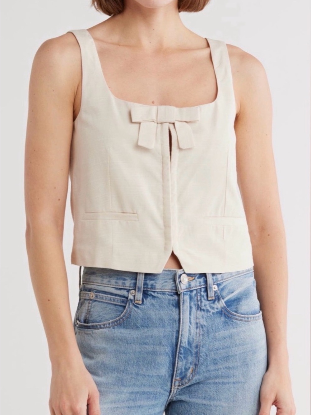 Vigoss NWOT Cream Square-Neck Bow Front Crop Camisole Linen Blend Medium